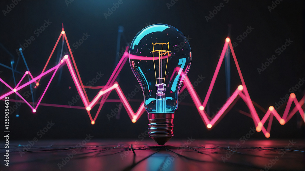 Aufkleber a glowing light bulb stands out against a dark background, illuminated by vibrant pink and blue line