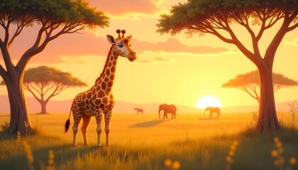 Obraz premium Giraffe Standing Gracefully Against Stunning Sunset in an African Savannah Landscape