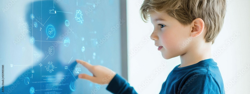 Poster young boy interacting with digital screen displaying interactive graphics