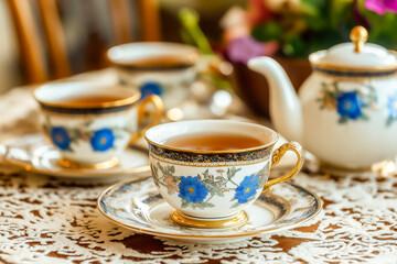 Fototapeta premium Breakfast with a beautiful porcelain tea set, morning rays of the sun.