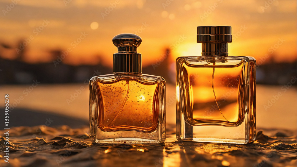 Poster two elegant perfume bottles gleam in the warm light of the sunset. golden hour illuminates the fragr
