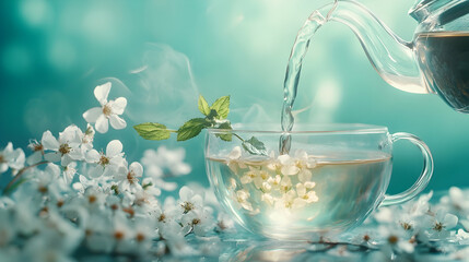 A teapot pouring hot tea into a glass cup with a sprig of mint and blooming flowers, the background a blurred teal color