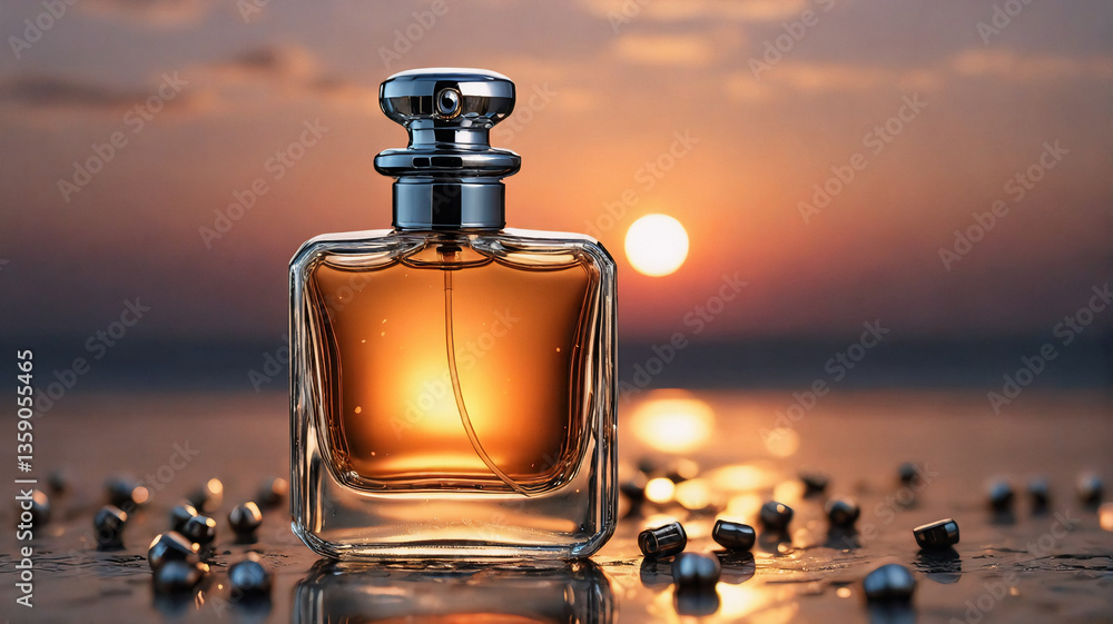 Aufkleber elegant perfume bottle sits on a reflective surface with scattered metallic elements, set against a 