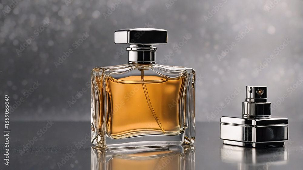 Poster elegant perfume bottles, one filled with golden liquid, the other empty, are placed on a reflective 
