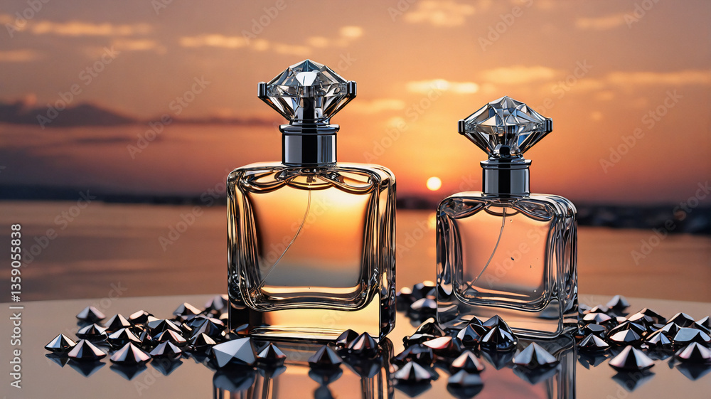 Poster two elegant perfume bottles with jewel-like caps are displayed on a mirrored surface surrounded by s