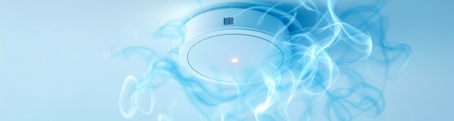 Obraz premium close-up of a white ceiling- smoke alarm with ethereal blue smoke
