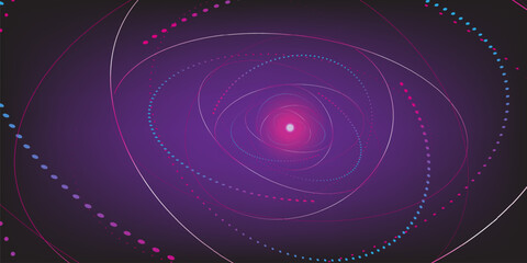 Dynamic abstract background with swirling lines and dots in vibrant pink, blue, and white hues against a dark purple backdrop. Creates a sense of motion and depth. Ideal for modern designs, technology