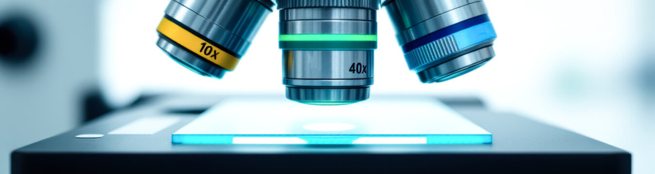 three microscope objectives with 10x and 40x magnification
