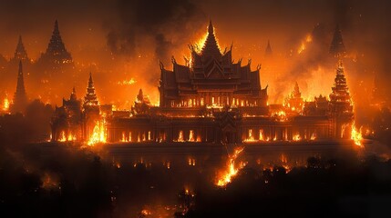 Naklejka premium A burning temple amidst a dark night cityscape flames illuminating its intricate architecture smoke rising against a starless sky. 