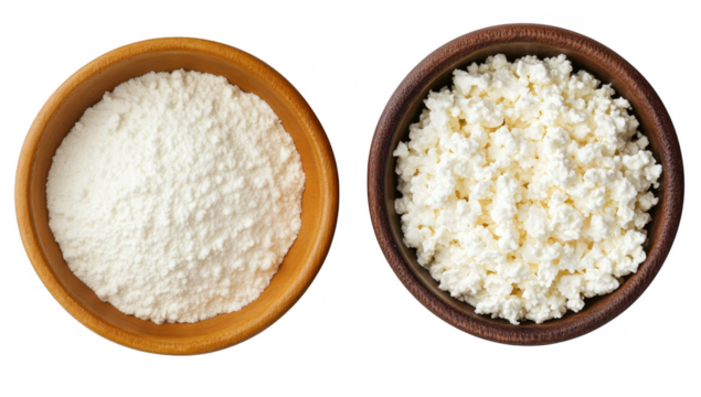 two bowls containing dairy products one with a fine powdery texture and the other with a lumpy cottage-like consistency these ingredients are often used in various culinary dishes