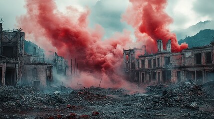A catastrophic scene of war buildings in ruins red smoke swirling in the air fires blazing destruction stretching into the horizon.  