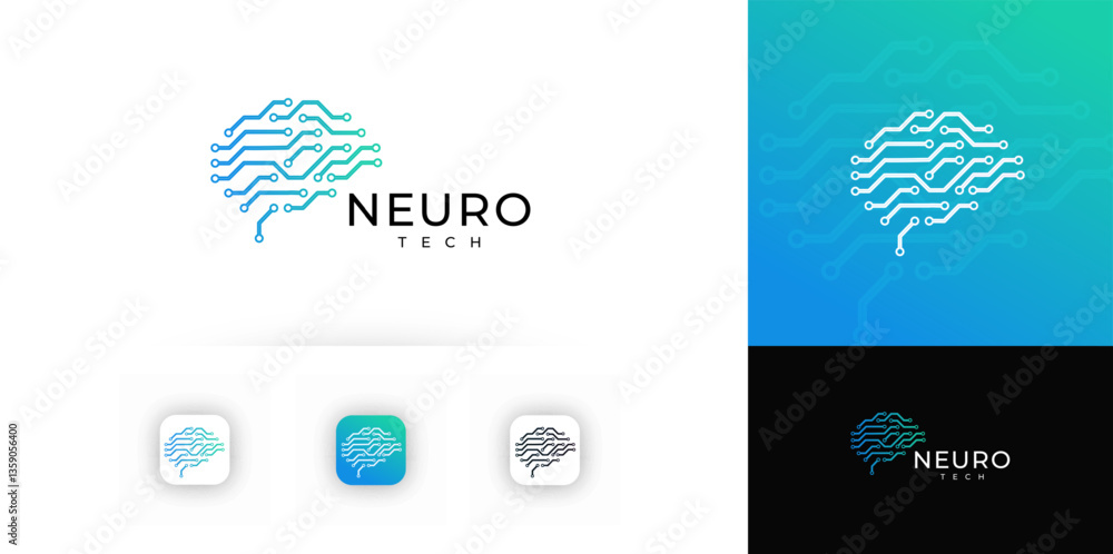 Aufkleber Brain Circuit design with Branching Tech lines symbolizing digital processing, innovation, intelligence. Tech hardware, AI, neuroscience, app branding, cyber system. Schematic Vector Logo.