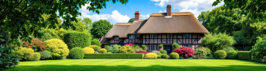 Fototapeta premium charming thatched-roof cottage surrounded by a vibrant manicured on a sunny day
