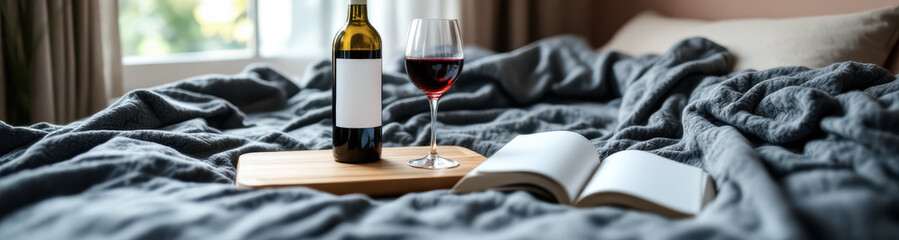 red wine bottle and glass on gray blanket