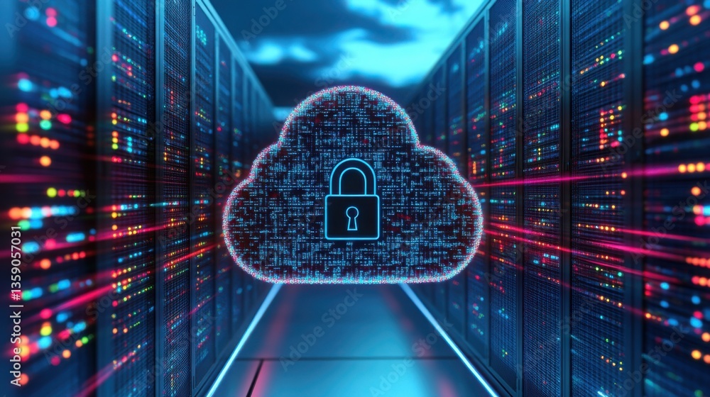 Poster Secure Cloud Data Storage with Lock Symbol Above Server Room