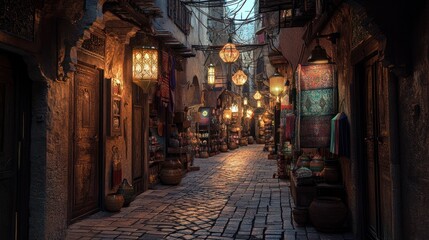 Fototapeta premium Ancient marketplace alleyway at twilight. Warm, inviting ambiance with lantern-lit shops along a stone-paved street