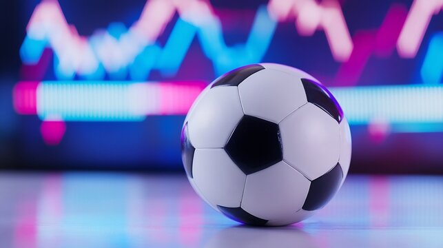 Soccer ball, financial charts, investment, market trends, digital background