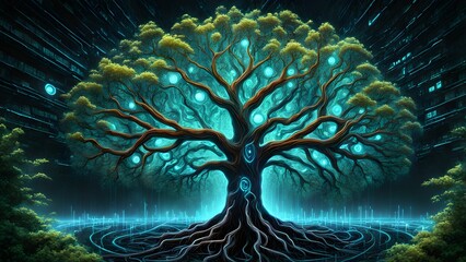 Luminescent Tree Digital Life, Glowing Cyberpunk City