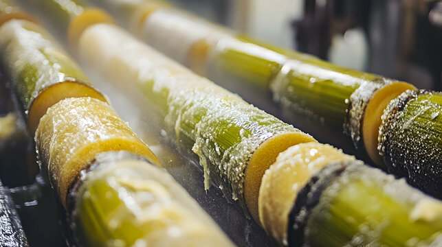 A close-up of sugarcane being processed through large industrial rollers, extracting sweet juice
