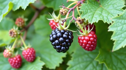 Fresh Blackberries Hanging from Lush Green Leaves in a Natural Setting Capturing the Essence of Healthy Organic Berries and Vibrant Vegetation