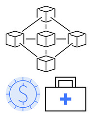 Obraz premium Network of interconnected cubes symbolizing blockchain, accompanied by a medical kit and coin icons. Ideal for technology, finance, healthcare, innovation, security, transparency, decentralization