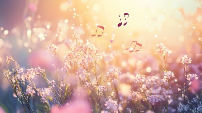 Enchanting springtime scene with musical notes drifting among pastel blooms in soft, dreamy light