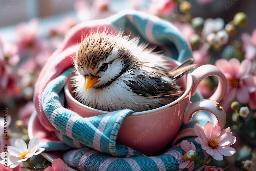 Poster tiny bird nestled inside a pink cup, wrapped in a soft blue cloth, surrounded by delicate pink and w