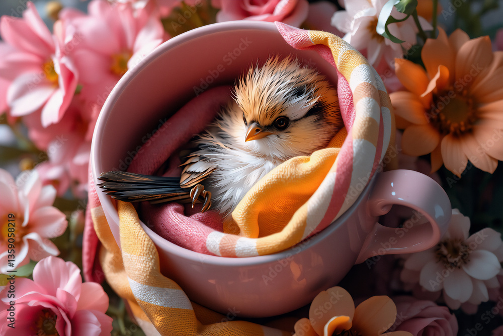 Poster fluffy bird rests peacefully inside a pink cup, surrounded by a vibrant array of colorful blossoms i