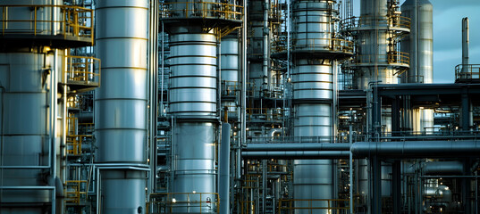 A close-up of towering oil distillation columns at an industrial refinery