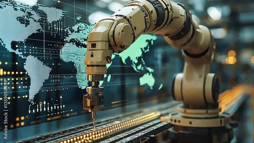 Poster automated robotic arm industrial production line, showcasing advanced technology and global connecti