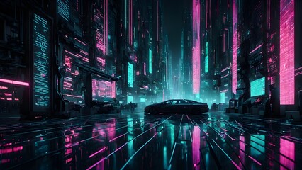 Neon Nightscape: Futuristic City Car Scene