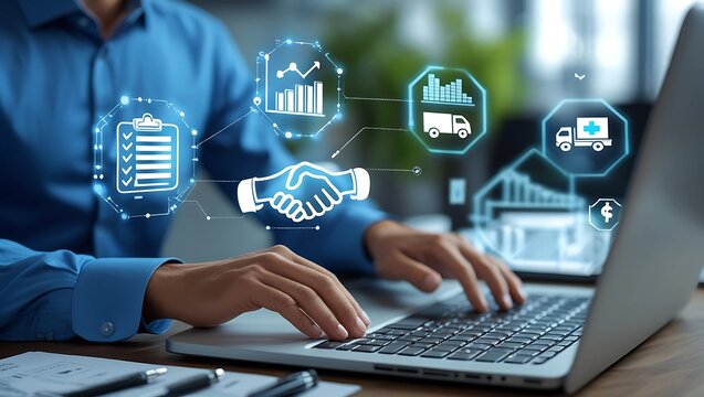 Digital Procurement & Supply Chain Management – Business Professional Working on Laptop with Holographic Icons of Logistics, Finance, and Operations in a Modern Office Setting