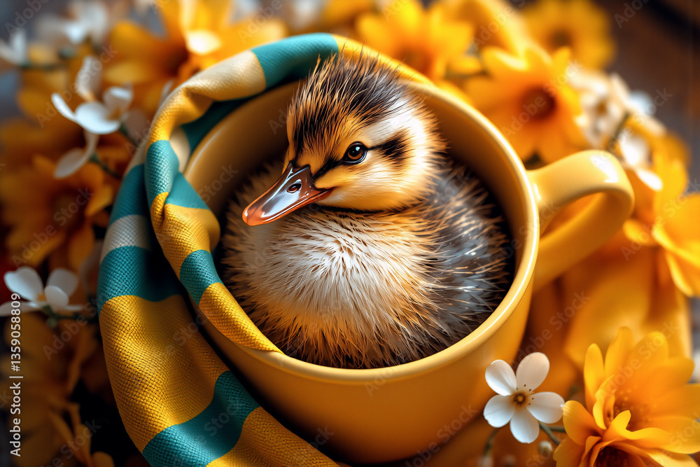 Aufkleber A fluffy duckling rests comfortably inside a yellow cup, encircled by a vibrant array of yellow and small white flowers, creating a charming and delightful spring image.