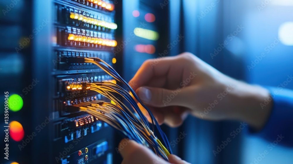 Aufkleber Hands Connecting Cords in a Secure Server Room with Network Patch