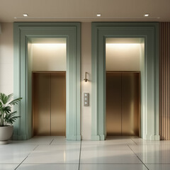 two gold elevators with pale green frames in a modern building