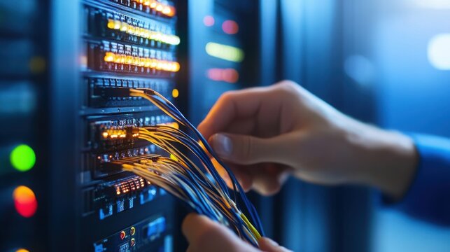 Hands Connecting Cords in a Secure Server Room with Network Patch