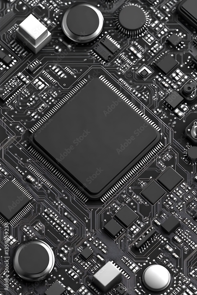 Poster advanced motherboard system in grayscale, intricate circuitry and processing