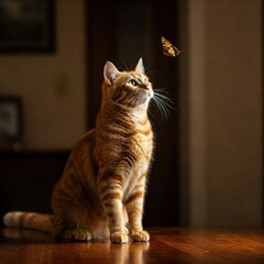 Striped Cat with Golden Eyes Chasing a Butterfly