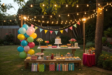 Colorful decorated birthday cake and cupcakes on a table in backyard. Candy bar with colorful balloons in the garden at sunset time.