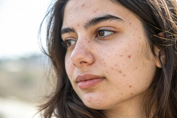 Portrait of a beautiful girl with freckles on her face. imperfect skin