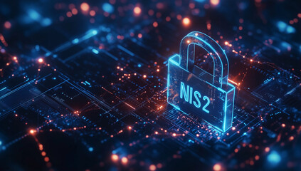 NIS2 EU Cybersecurity Directive Concept, NIS2 Compliance Digital Security Lock on Cyber Circuit Board