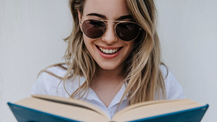 smiling young woman in sunglasses reading book isolated on white, education concept