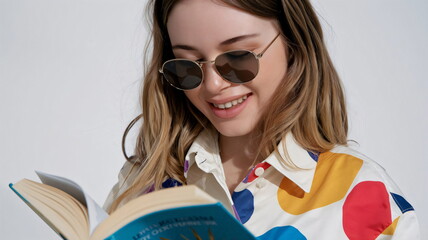 smiling young woman in sunglasses reading book isolated on white, education concept