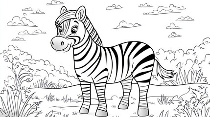 Cute zebra coloring page, simple illustration, cartoon animal, grassland background, educational, for kids, printable, coloring book