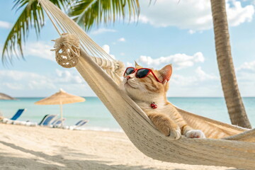 Cute cat relaxing in hammock on tropical beach. Vacation concept