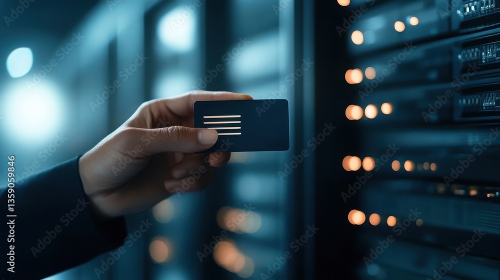 Poster Secure Key Card in Hand Near Server Door for Cyber Access Control