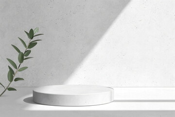 Minimal scene with white podium and green leaves. white podium for product presentation.