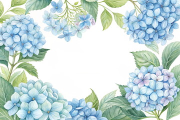 Watercolor blue hydrangea flowers frame on white background. Hand drawn watercolor illustration