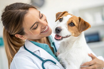 Portrait of a smiling female veterinarian holding a dog in her arms. Dog in clinic