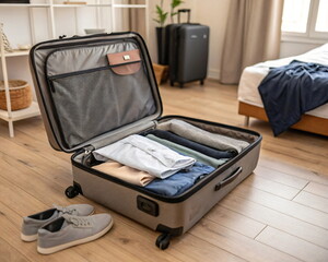 Open suitcase with clothes and shoes on the floor in the hotel room